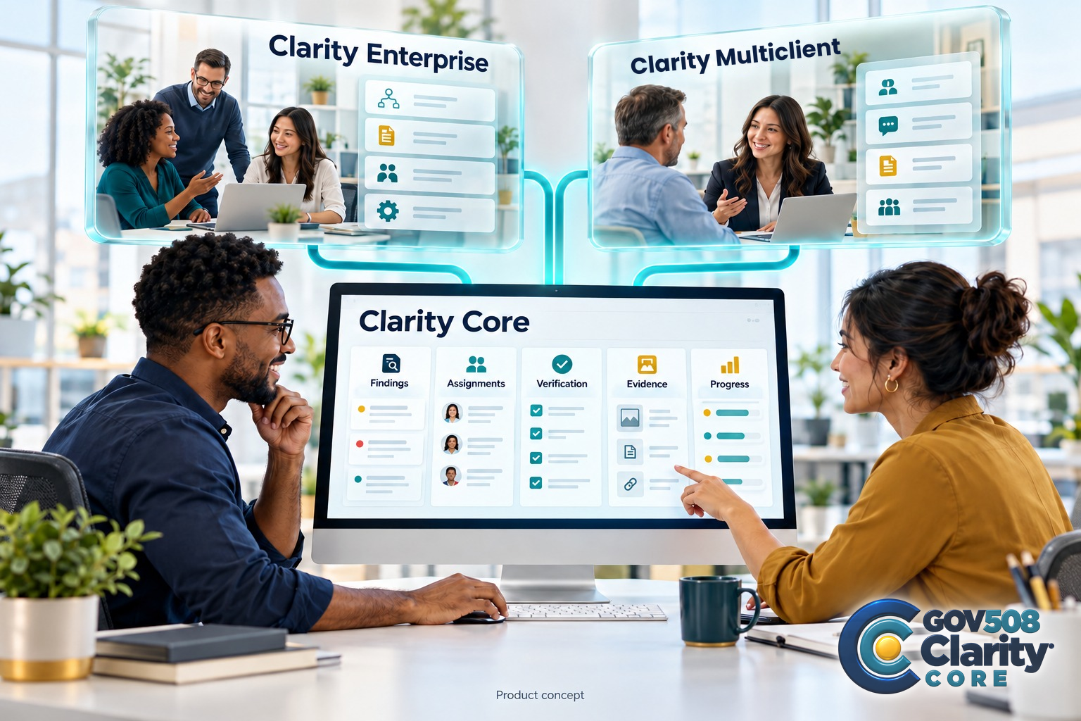 Colleagues using a complete Clarity Core workspace, with connections leading to Clarity Enterprise and Clarity Multiclient.