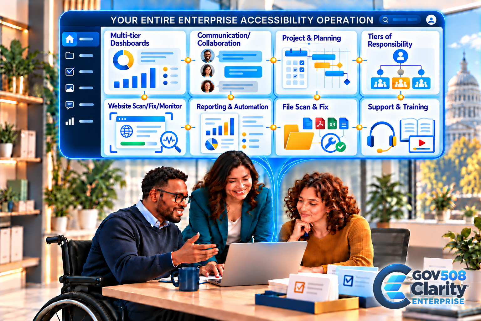 Enterprise suite concept: eight connected work areas above colleagues using one laptop.