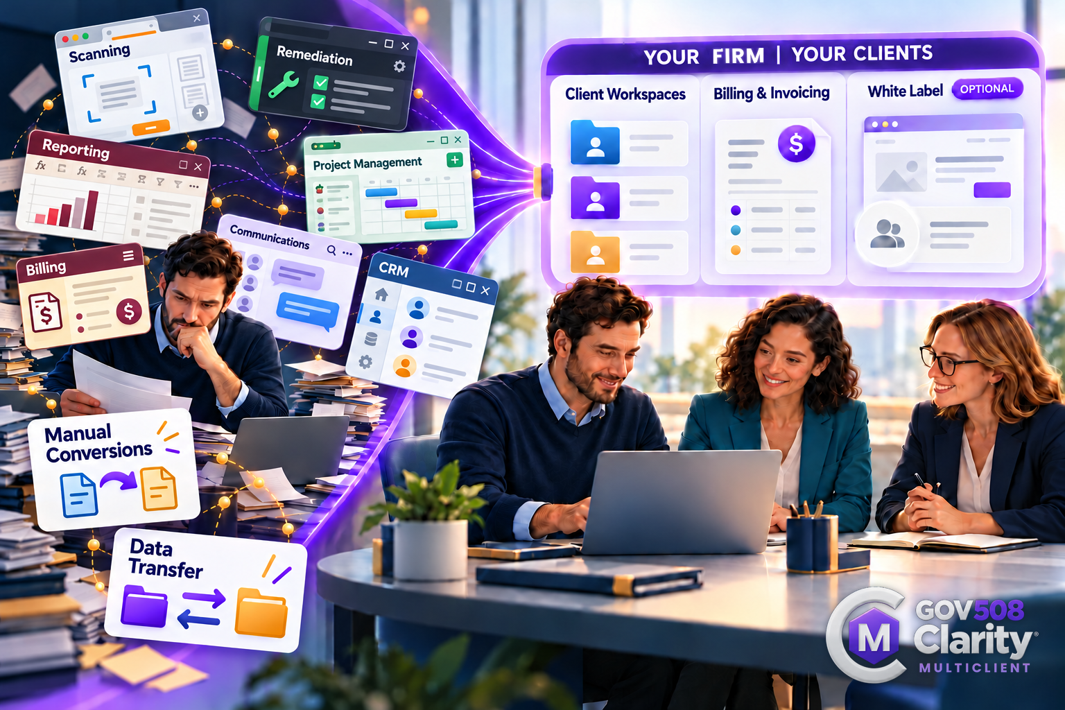 Concept illustration of an accessibility firm moving from scattered applications and manual transfers to connected client workspaces, billing, and optional White Label.