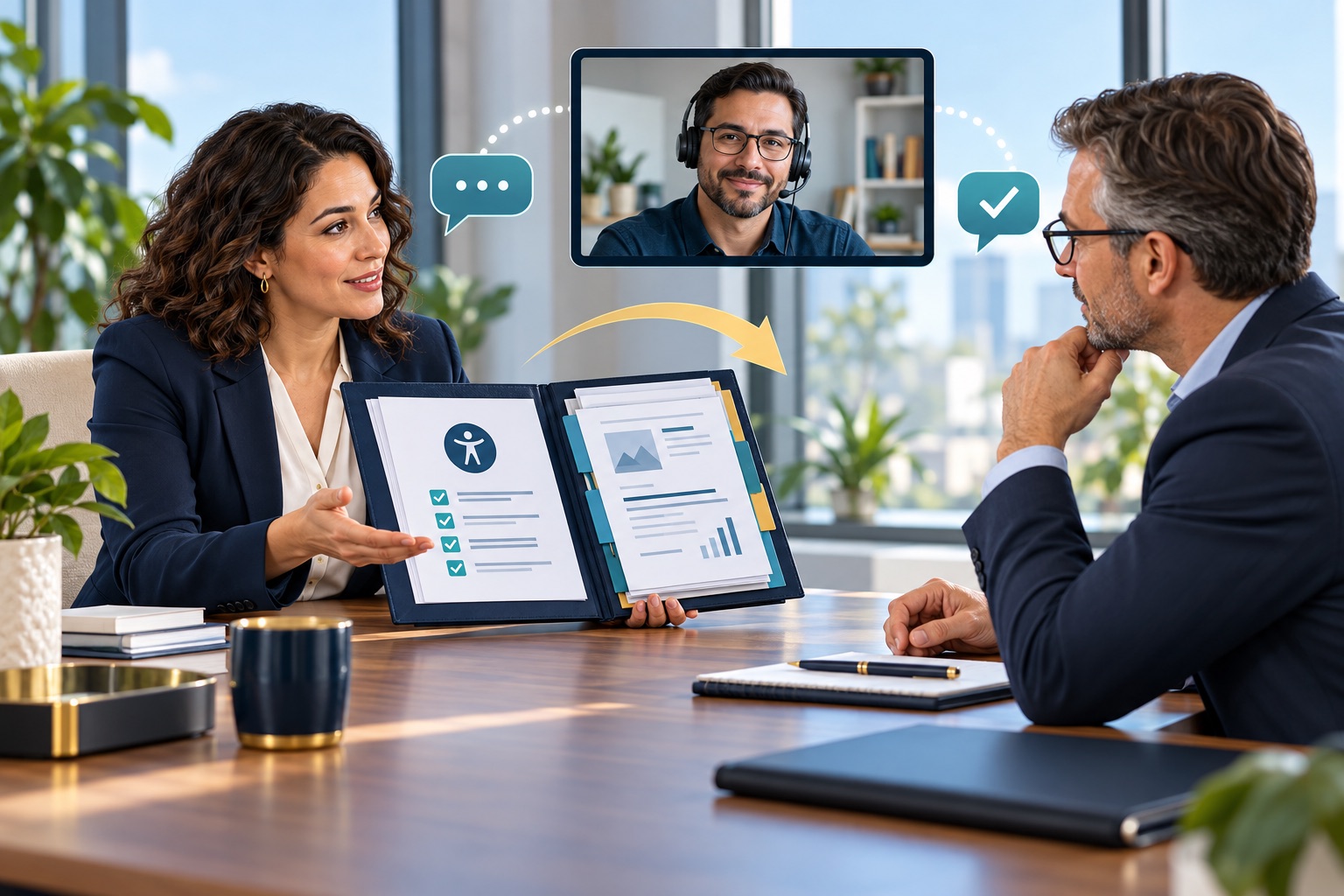 An accessibility consultant reviews a remediation evidence packet and next steps with a client and a remote specialist.