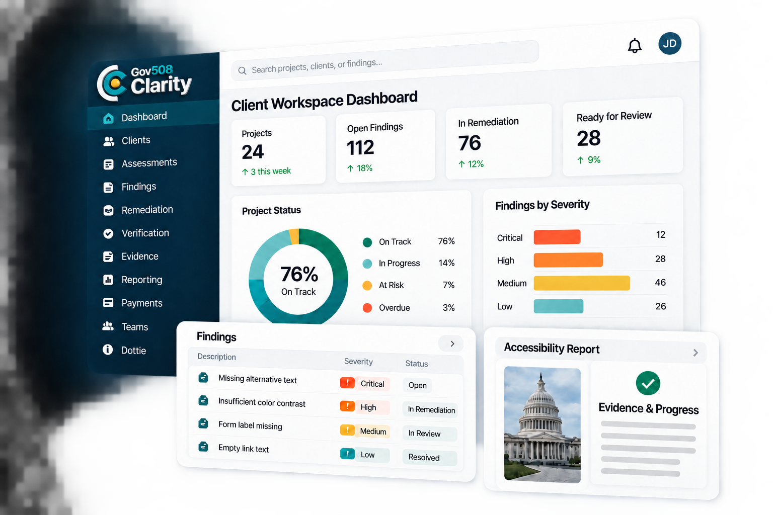 Illustrative Clarity dashboard with a navy sidebar, project totals, status chart, severity bars, and floating findings and report panels.